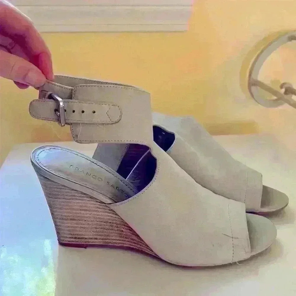 Franco Sarto Women's Grey Leather Wedge heel Size 8.5M Peep Toe Buckle Strap